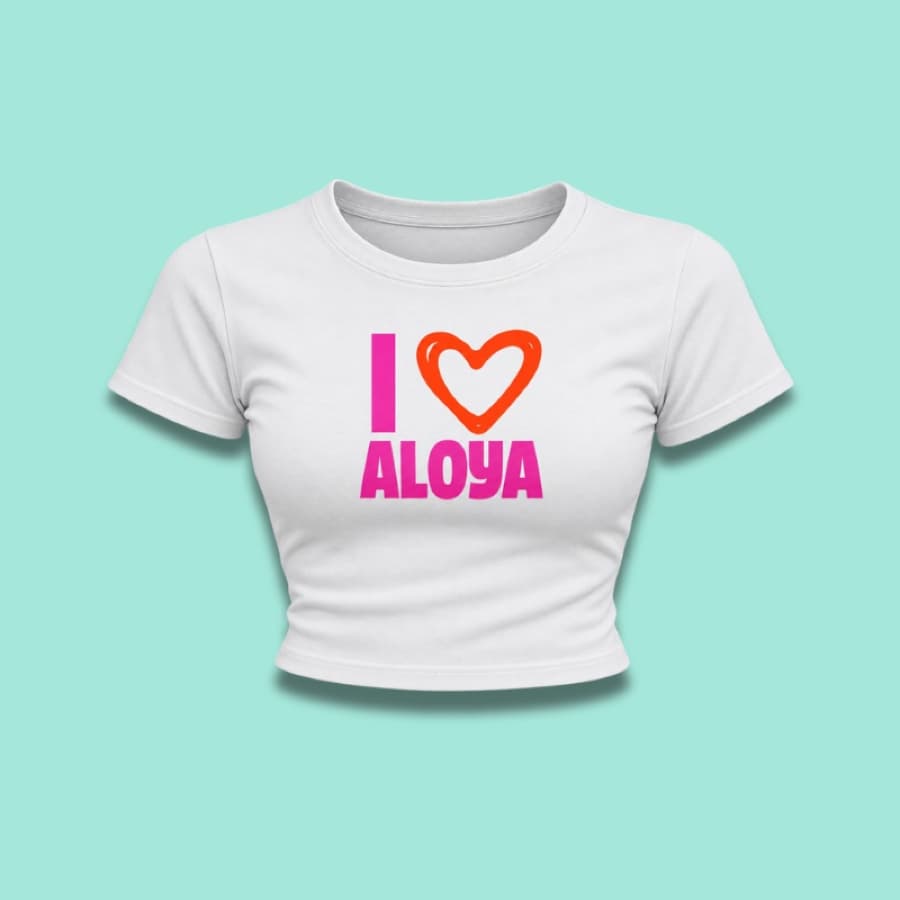 White cropped tee with an I love Aloya print